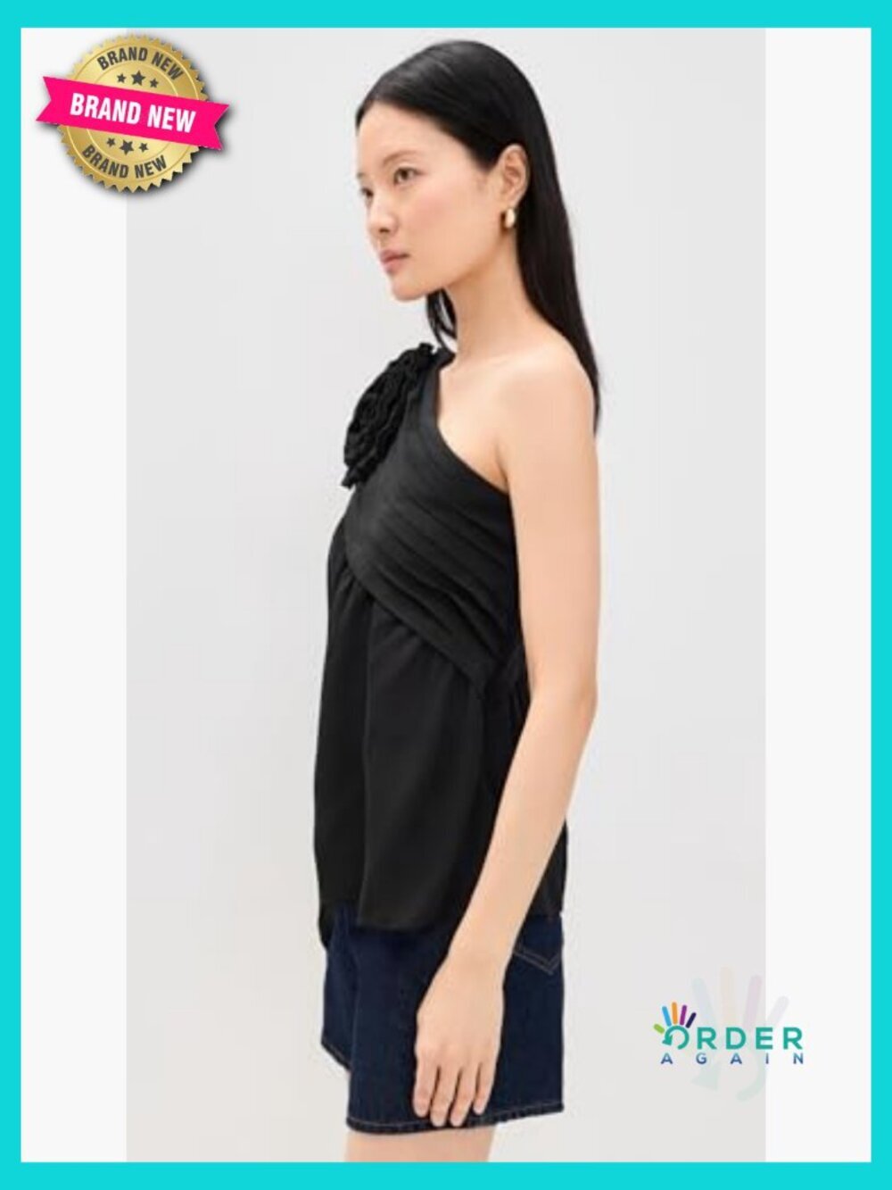 One Shoulder Blouse Lightweight Georgette Loose Fit Elegant Chic Rose Accent - Picture 5 of 6